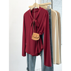 实拍2026春装新款胖mm大码女时尚气质飘带修身显瘦长袖T恤