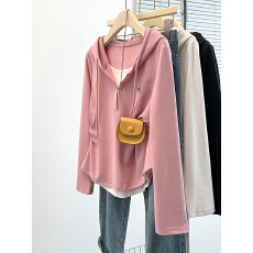 批发实拍2026春装新款<b class='q'>胖</b><b class='q'>mm</b>大码女撞色假两件刺绣连帽抽绳长袖上衣