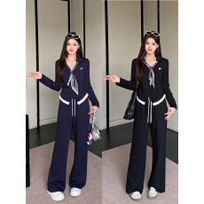 批发实拍2026<b class='q'>春</b>装新款胖mm大码女撞色刺绣丝带长袖上衣阔腿裤套装