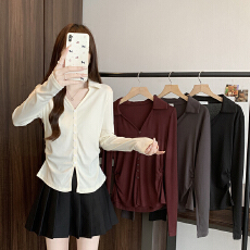 批发实拍2026春装新款胖mm大码女时尚休闲v领开叉显瘦长袖上衣