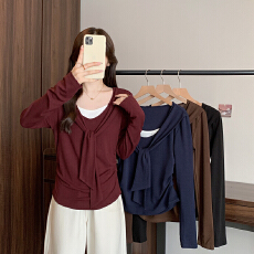 批发实拍2026春装新款胖mm大码女时尚简约假两件绑带掐腰长袖T恤