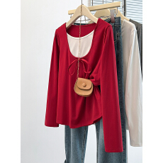 批发实拍2026春装新款胖mm大码女时尚撞色蝴蝶结绑带长袖T恤