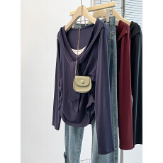 批发实拍2026春装新款胖mm大码女时尚简约假两件绑带掐腰长袖T恤