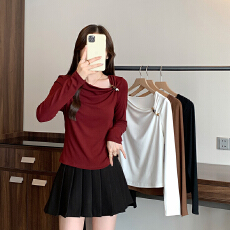 批发实拍2026春装新款胖mm大码女时尚斜领修身显瘦内搭长袖T恤