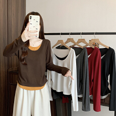 批发实拍2026春装新款胖mm大码女撞色设计感假两件正肩长袖上衣