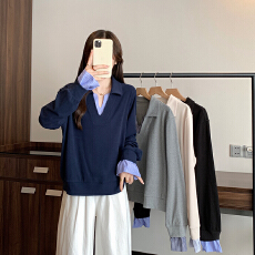 批发实拍2026春装新款胖mm大码女韩系撞色假两件翻领<b class='q'>条纹</b>套头卫衣上衣