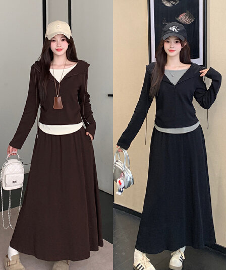 실사 2026 가을 의상 새로운 지방 mm 빅 사이즈 여성 레저 패션 배색 후드 맨위 중간 길이 반신 치마 세트