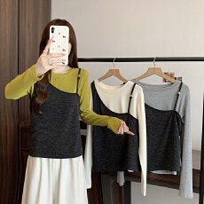 批发实拍2026春装新款胖mm大码女韩系设计感吊带马甲<b class='q'>长袖</b>体恤<b class='q'>两件套</b>