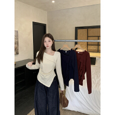 批发实拍2026<b class='q'>春</b>装新款胖mm大码女时尚设计感斜领不规则修身长袖体恤