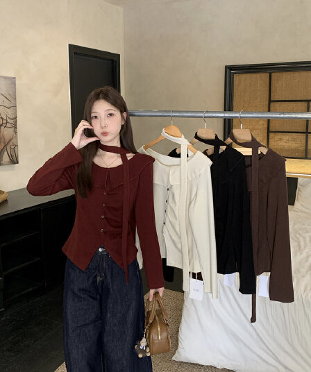 실사 2026 가을 의상 새로운 지방 mm 빅 사이즈 여성 프랑스식 순수한 욕망 프릴 리본 불규칙 긴팔 맨위