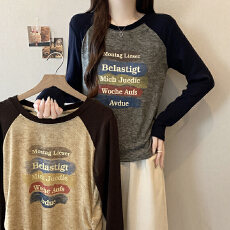 批发实拍2026春装新款胖mm大码女撞色减龄印花字母掐腰长袖插肩T恤