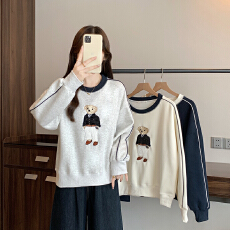 批发实拍2026春装新款胖大码女撞色减龄卡通刺绣长袖套头卫衣上衣