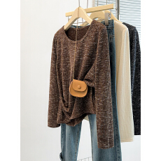 批发实拍2026春装新款胖mm大码女韩系圆领宽松显瘦不规则针织上衣