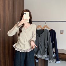 批发<b class='q'>实拍</b>2026春装新款胖mm<b class='q'>大码</b>女韩系撞色假两件拼接格纹弧形长袖上衣