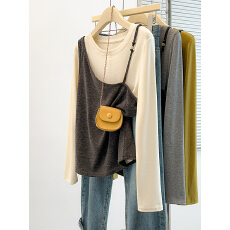 批发实拍2026春装新款胖mm大码女韩系设计感吊带马甲<b class='q'>长袖</b>体恤<b class='q'>两件套</b>