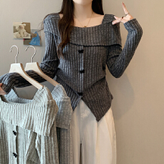 实拍2025春装新款胖mm大码女法式方领蝴蝶结坑条长袖针织上衣