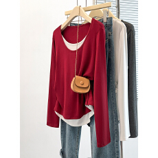 批发实拍2026春装新款胖mm大码女撞色设计感假两件正肩长袖上衣