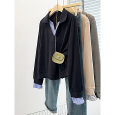 批发实拍2026春装新款胖mm大码女韩系撞色假两件翻领<b class='q'>条纹</b>套头卫衣上衣