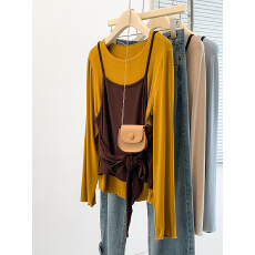 批发实拍2026春装新款胖mm<b class='q'>大码</b>女休闲针织吊带背心木耳边长袖上衣套装