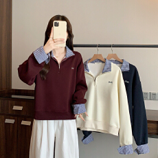 批发实拍2025秋装新款胖mm大码女休闲百搭减龄刺绣拼接条纹卫衣上衣