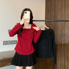 批发<b class='q'>实拍</b>2026春装新款胖mm<b class='q'>大码</b>女设计感方领荷叶边显瘦内搭长袖上衣