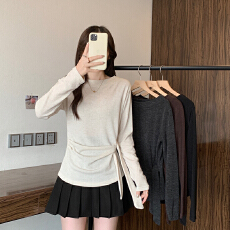 批发实拍2025秋冬新款胖mm<b class='q'>大码</b>女时尚设计感绑带圆领内搭针织长袖上衣