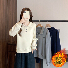 批发实拍2025<b class='q'>秋</b>冬新款胖mm大码女加厚保暖时尚休闲刺绣polo领长袖上衣