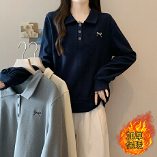 批发实拍2025<b class='q'>秋</b>冬新款胖mm大码女加厚保暖时尚休闲刺绣polo领长袖上衣