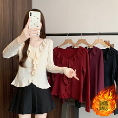 批发实拍2025<b class='q'>秋</b>冬新款胖mm大码女时尚荷叶边加绒加厚不规则长袖上衣