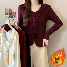 批发实拍2025<b class='q'>秋</b>冬新款胖mm大码女时尚荷叶边加绒加厚不规则长袖上衣