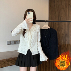 批发实拍2025秋冬新款胖mm大码女时尚设计感荷叶边加绒加厚小衫上衣