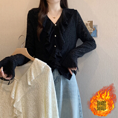 批发实拍2025秋冬新款胖mm大码女时尚设计感荷叶边加绒加厚小衫上衣