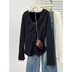 批发实拍2025冬装新款胖mm大码女时尚设计感荷叶边加绒加厚小衫上衣