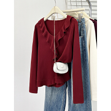 批发实拍2026<b class='q'>春</b>装新款胖mm大码女时尚荷叶边加绒加厚不规则长袖上衣