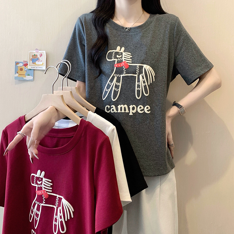 RY474# 实拍2026春夏新款胖mm大码女休闲百搭印花卡通圆领正肩短袖T恤