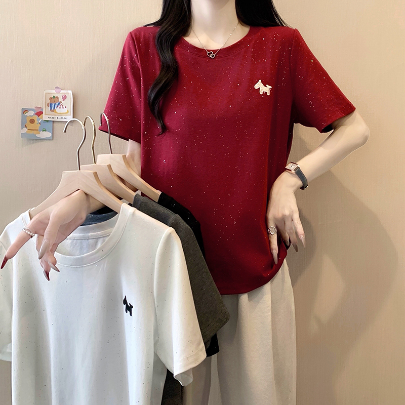 RY473# 实拍2026夏装新款胖mm大码女休闲百搭贴标卡通小马亮闪闪短袖上衣