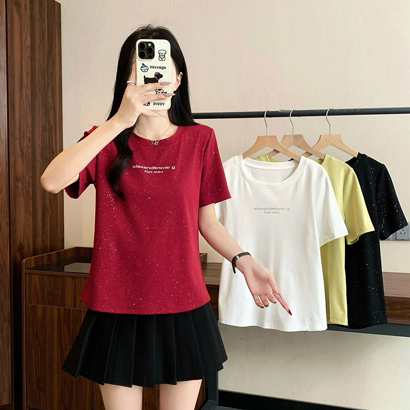 RY470# 实拍2026夏装新款胖mm大码女时尚减龄亮闪闪印花字母正肩短袖T恤