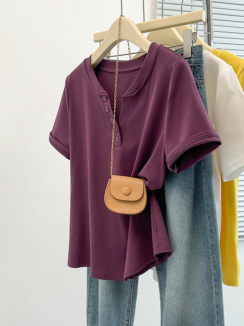 RY468# 实拍2026夏装新款胖mm大码女休闲百搭纯属半开领显瘦正肩短袖T恤