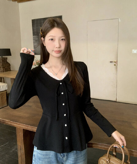 실사 2026 가을 의상 새로운 지방 mm 빅 사이즈 여성 부드러운 바람 레이스 레이스 V넥 허리 수축 슬림해 보이는 긴팔 맨위