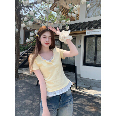 实拍2026夏装新款胖mm大码女甜美纯欲风拼接蕾丝假两件短袖T恤