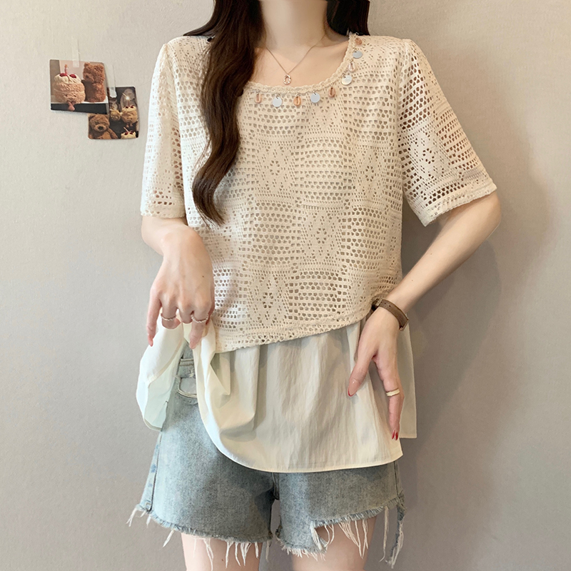 실사 2026 여름 드레스 새로운 지방 mm 빅 사이즈 여성 디자인 센스 페이크 레이어드 홀로우 아웃 표지 고기 슬림해 보이는 작은 셔츠 맨위