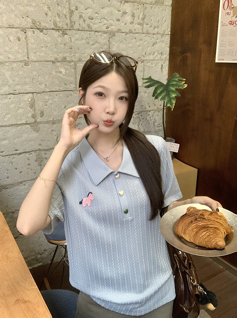 실사 2026 여름 드레스 새로운 지방 mm 빅 사이즈 여성 한 부서 POLO 칼라 단추 꽈배기 반팔 니트 맨위