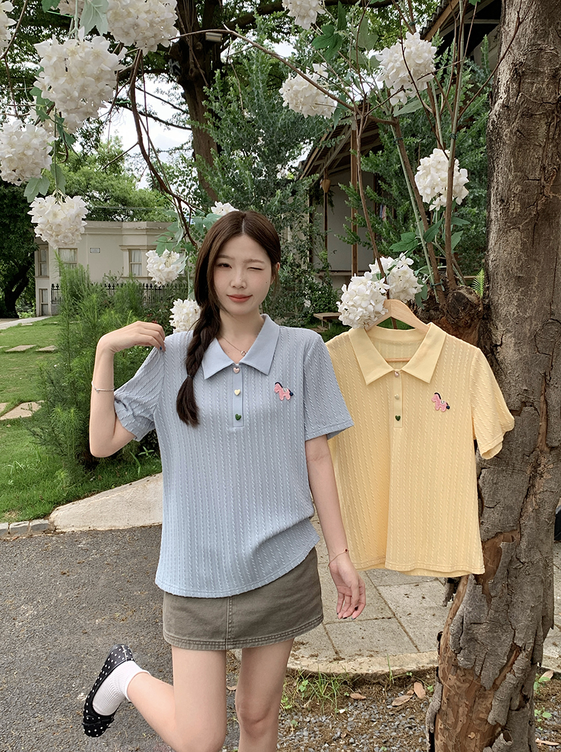 실사 2026 여름 드레스 새로운 지방 mm 빅 사이즈 여성 한 부서 POLO 칼라 단추 꽈배기 반팔 니트 맨위