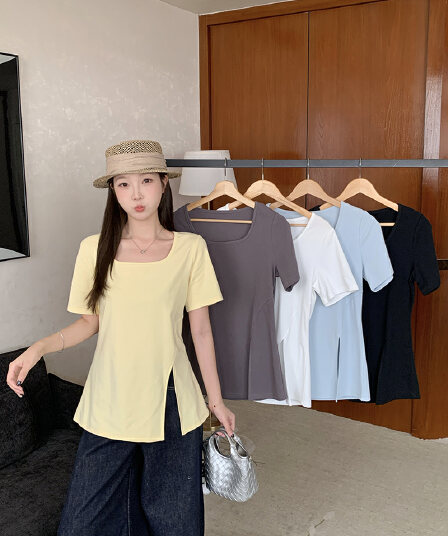 실사 2026 여름 드레스 새로운 지방 mm 빅 사이즈 여성 레저 품격 광장 칼라 불규칙 트임 반팔 티셔츠
