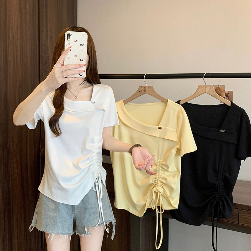 실사 2026 여름 드레스 새로운 지방 mm 빅 사이즈 여성 달콤함 캐주얼 비스듬한 칼라 펌프 로프 불규칙 반팔 티셔츠