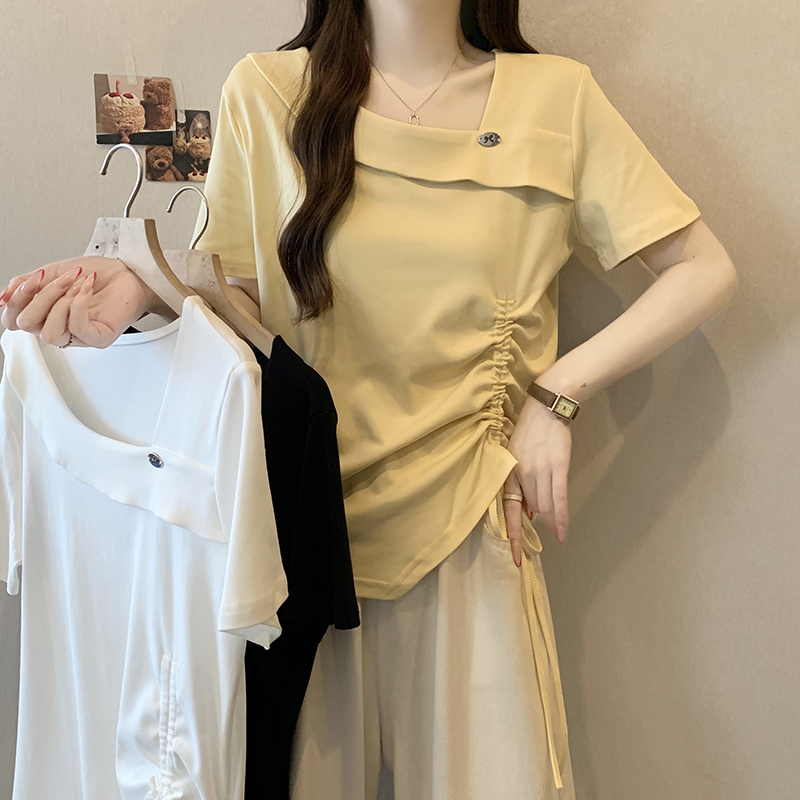 실사 2026 여름 드레스 새로운 지방 mm 빅 사이즈 여성 달콤함 캐주얼 비스듬한 칼라 펌프 로프 불규칙 반팔 티셔츠