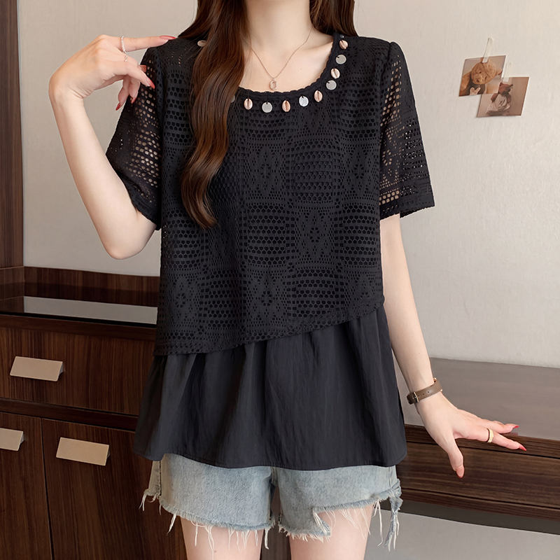 실사 2026 여름 드레스 새로운 지방 mm 빅 사이즈 여성 디자인 센스 페이크 레이어드 홀로우 아웃 표지 고기 슬림해 보이는 작은 셔츠 맨위