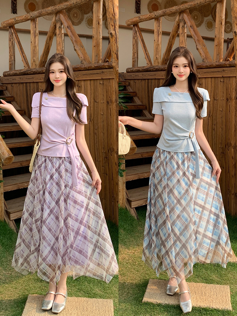 실사 2026 여름 드레스 새로운 지방 mm 빅 사이즈 여성 작은 마팡 칼라 서장 반팔 체크무늬 반신 스커트 투피스 세트
