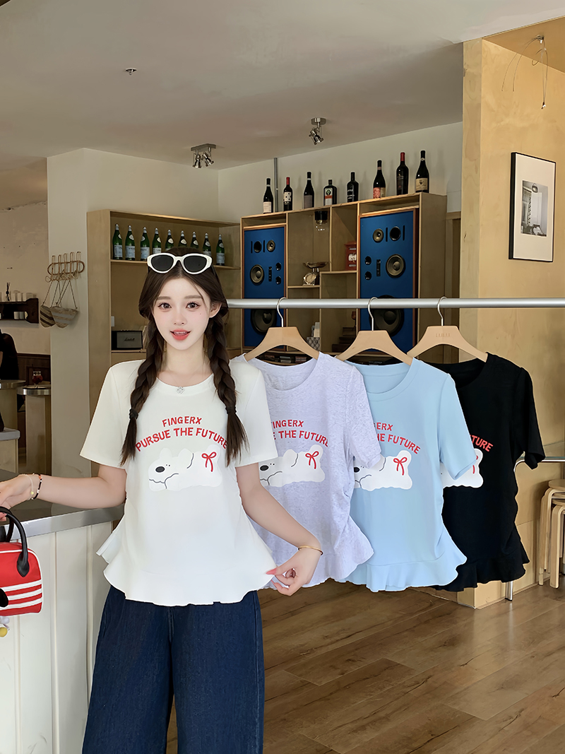 실사 2026 여름 드레스 새로운 지방 mm 빅 사이즈 여성 달콤함 만화 프린트 강아지 프릴 반팔 티셔츠