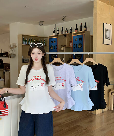 실사 2026 여름 드레스 새로운 지방 mm 빅 사이즈 여성 달콤함 만화 프린트 강아지 프릴 반팔 티셔츠
